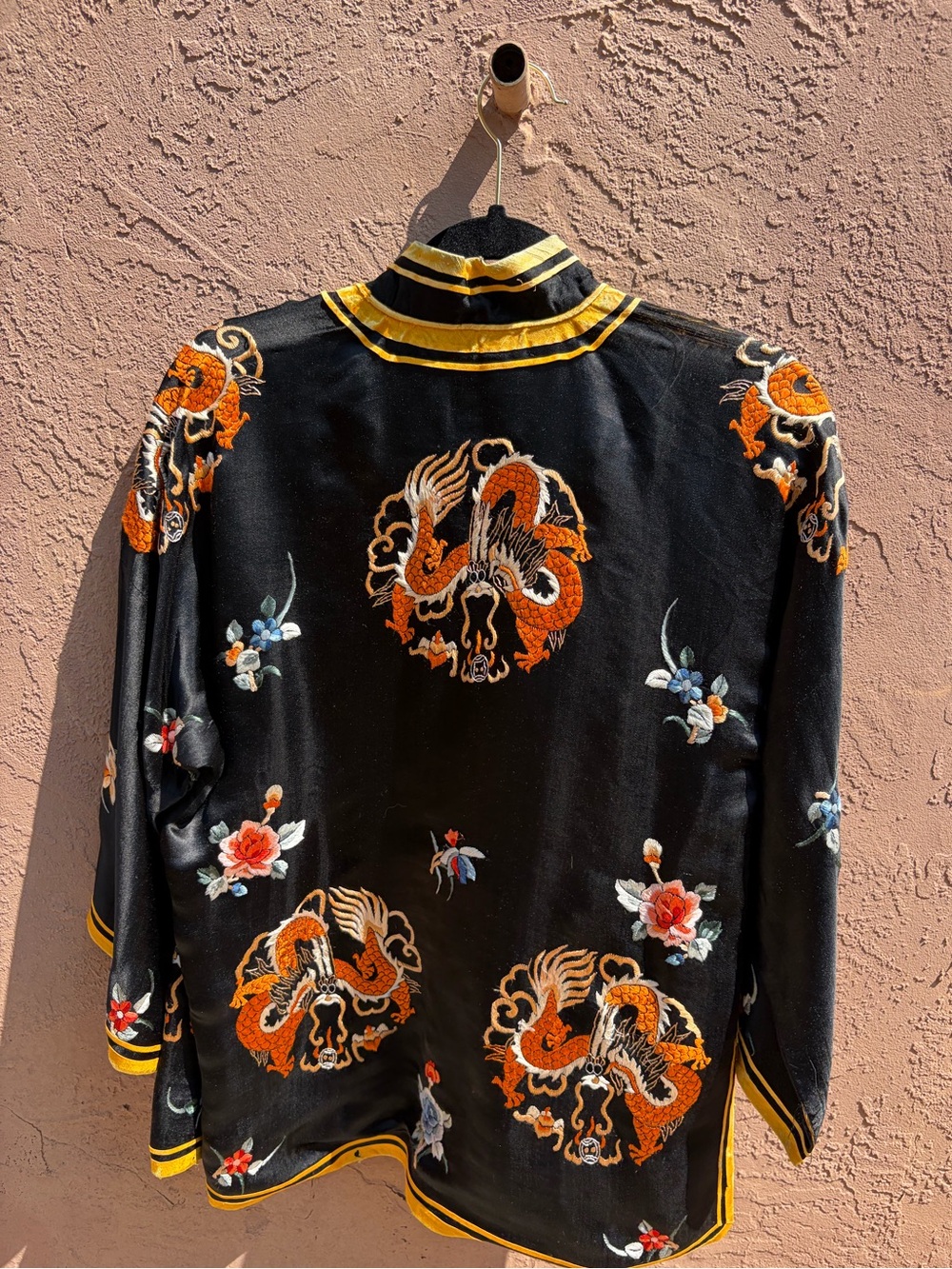 Vintage Chinese Embroidered Dragon Flower Jacket Silk Black Gold Orange